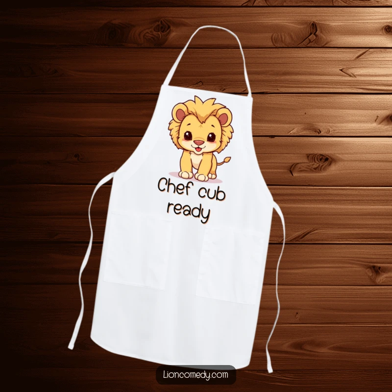Funny apron featuring a kawaii lion cub with a fluffy mane, playfully pouncing, perfect for a cute kitchen look.