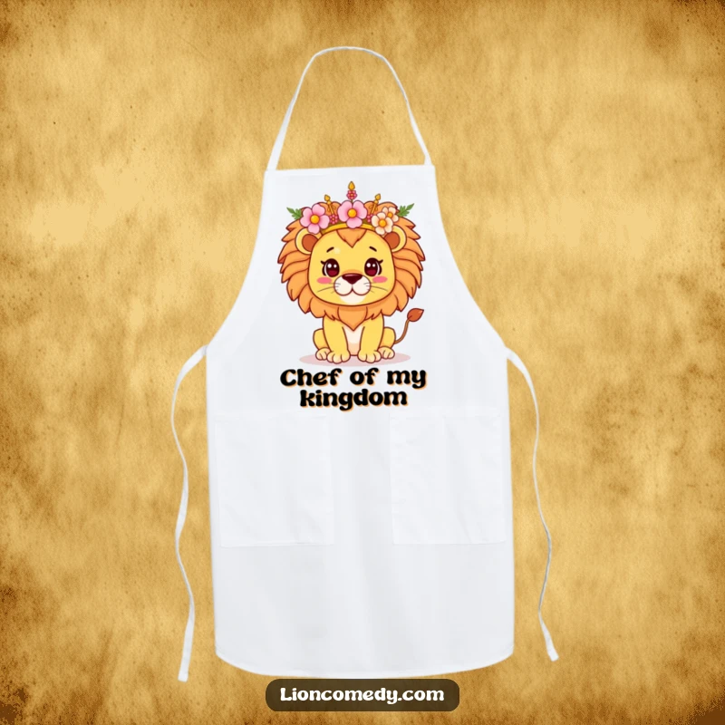 Funny Kawaii Lion Apron, depicting a proud lion balancing a vibrant flower crown, ideal for kitchen fun and protecting outfits with regal style.