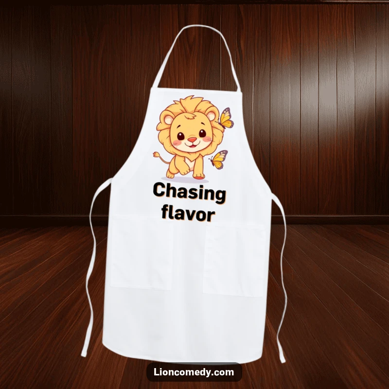 Funny cheerful lion joyfully chasing a butterfly on a durable apron, making kitchen tasks more enjoyable.