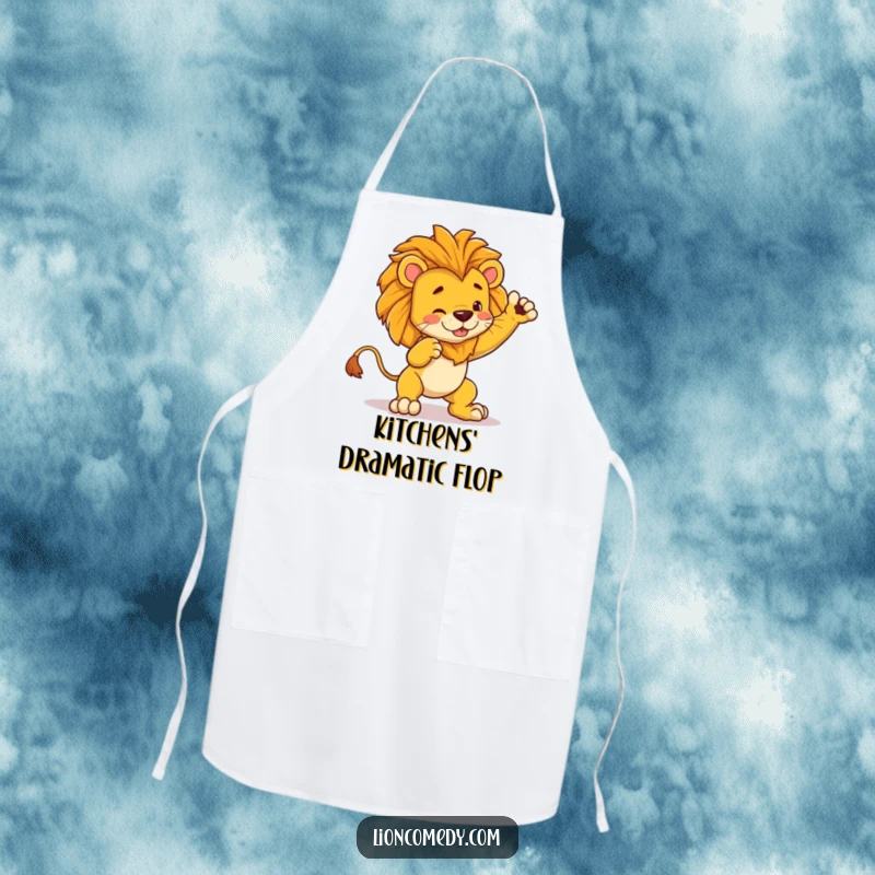 Funny kawaii lion apron showing a cute lion striking a dramatic pose, then humorously tripping over its feet, ready for kitchen drama.