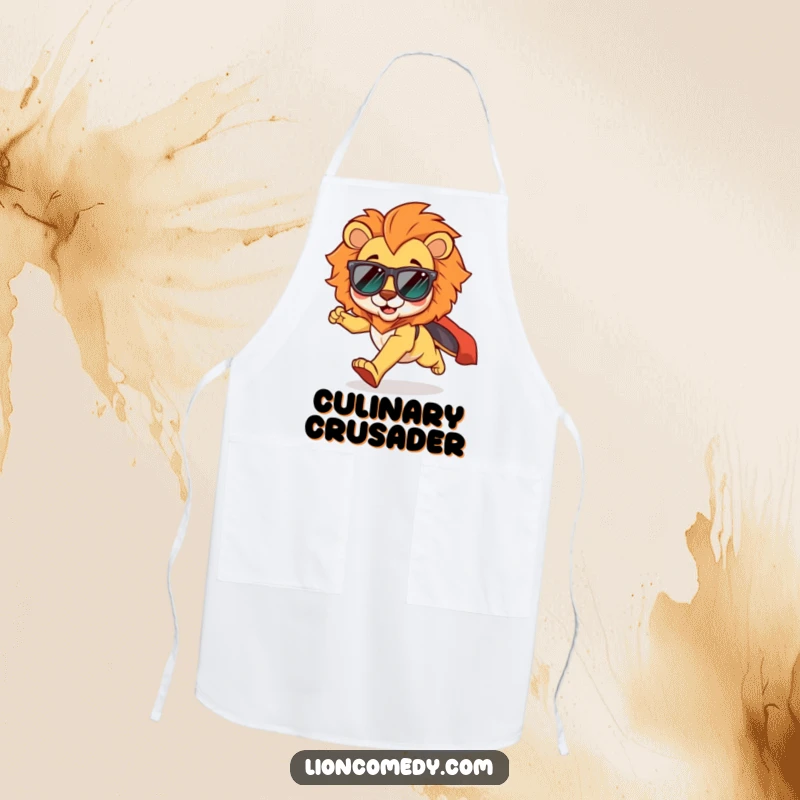 Funny kawaii lion apron showing a cool lion wearing shades, running with a cape flowing, ready for kitchen adventures.
