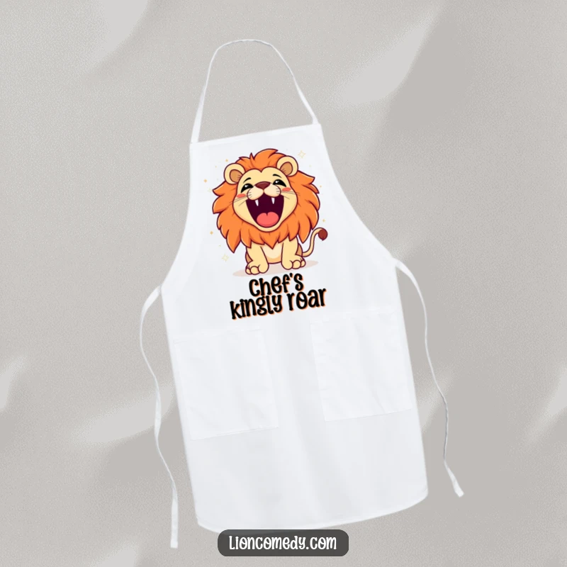 Funny kawaii lion roaring with exaggerated joy, sparkling background, designed for a joyful and spirited cooking experience on an apron.