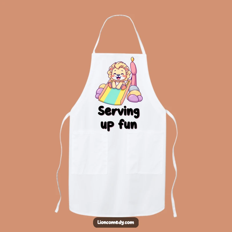 Turn your kitchen into a playground with this funny apron, showcasing a tiny lion’s thrilling rainbow slide ride. Protect your clothes in hilarious style.