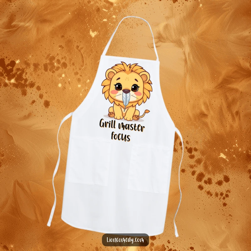 Funny Kawaii lion apron showing a lion concentrating on balancing a feather on its nose while cooking. Humorous kitchen wear.