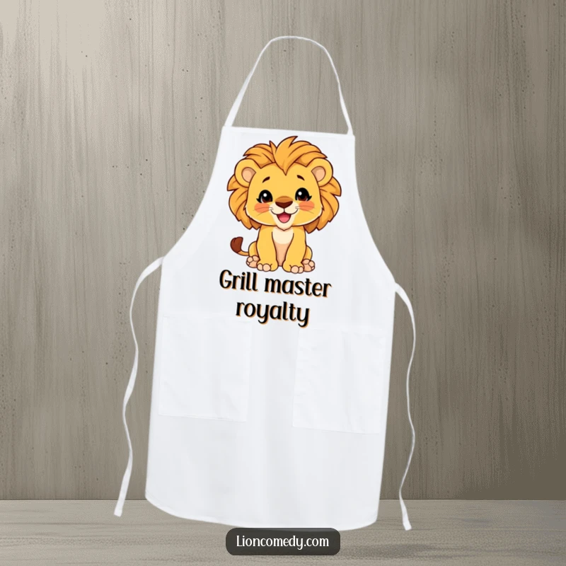 Funny Apron featuring a proud lion cub with a puffed-out chest and magnificent mane, ready to tackle any recipe.