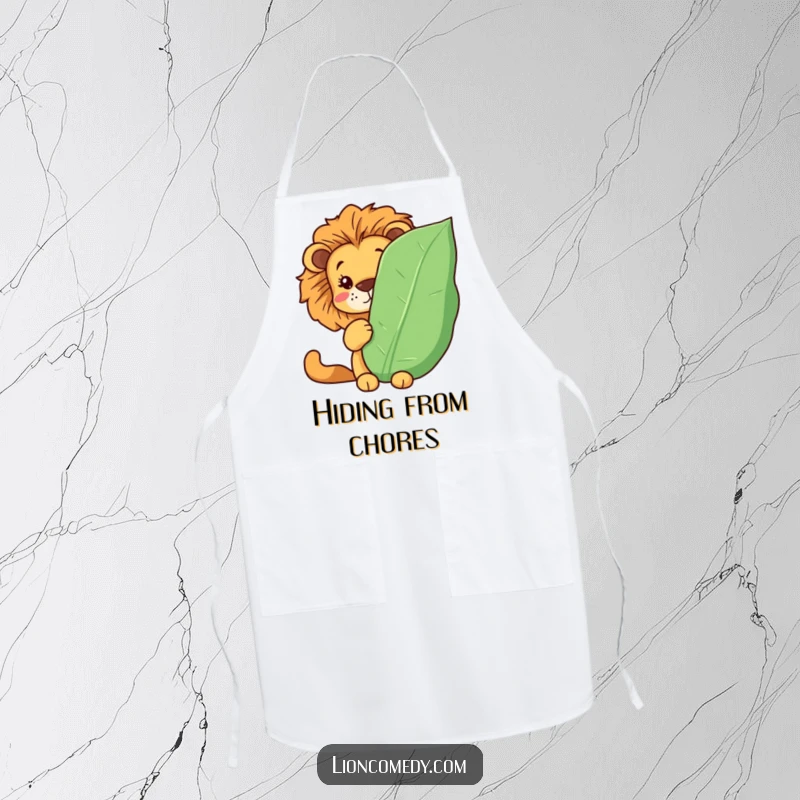 Funny Kawaii lion apron showing a lion hiding behind a leaf, peeking out playfully while cooking. Humorous kitchen wear.