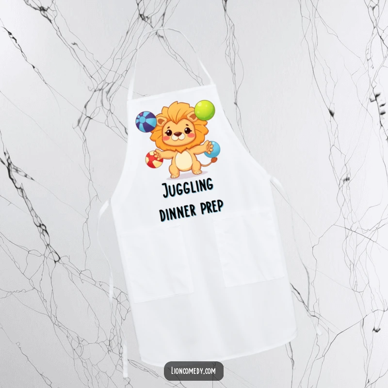 Funny kawaii lion apron showing a determined cub juggling three colorful balls, ready for culinary challenges.