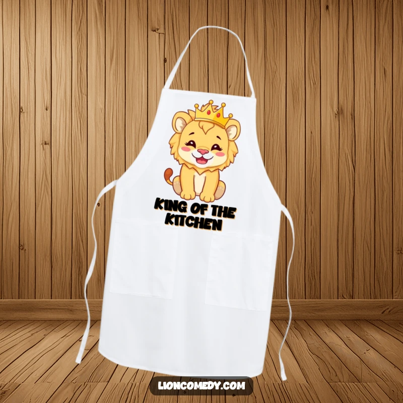 Funny Apron depicting a lion cub with a silly grin, balancing a tiny crown, ready to cook like royalty.