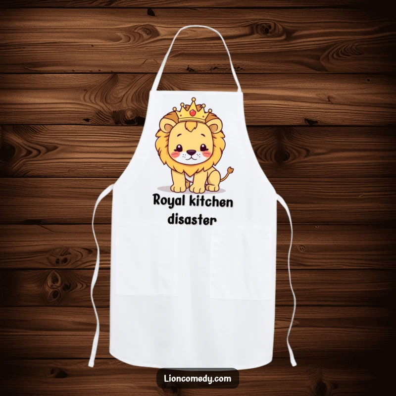 Funny kawaii lion apron showing a cute crowned lion attempting a regal stance before a comical stumble in the kitchen.
