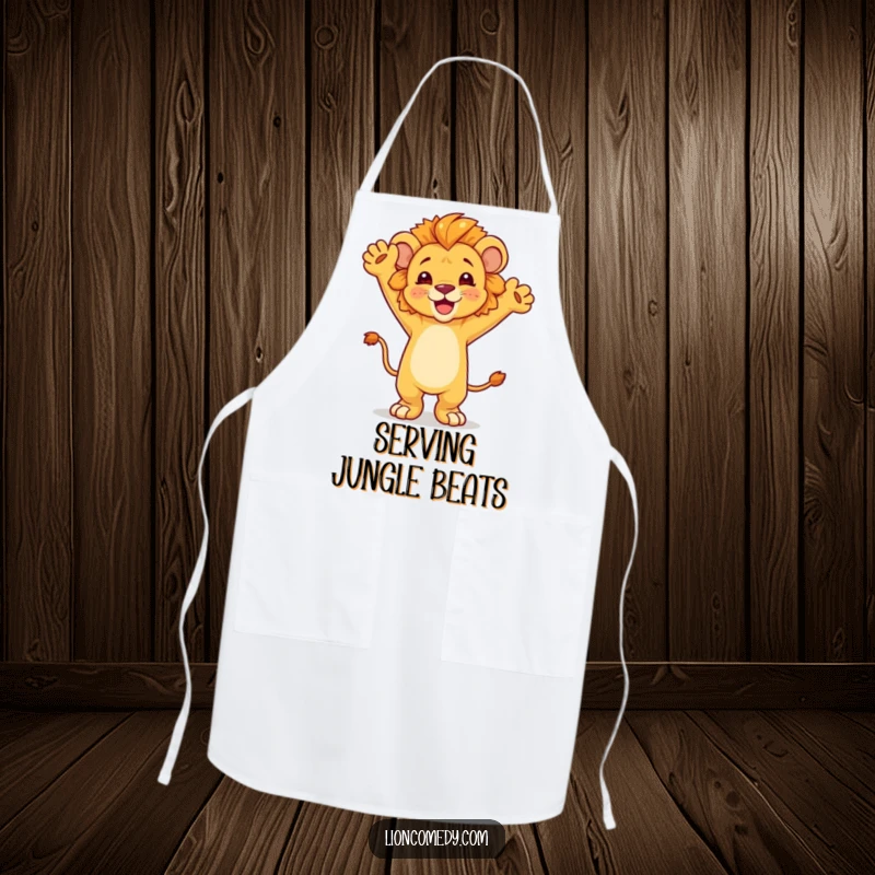 Funny dancing lion cub apron, joyfully dancing while cooking, adding a fun and celebratory element to kitchen tasks.