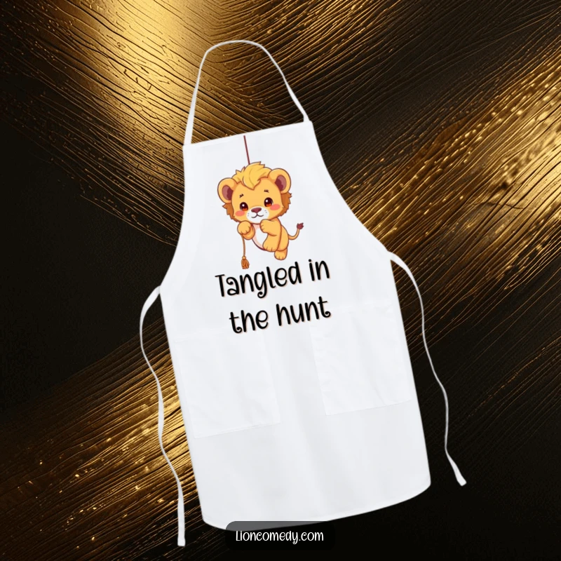 Funny kawaii lion cub apron showing a cute cub playfully pouncing, ready for kitchen adventures with a determined yet adorable expression.