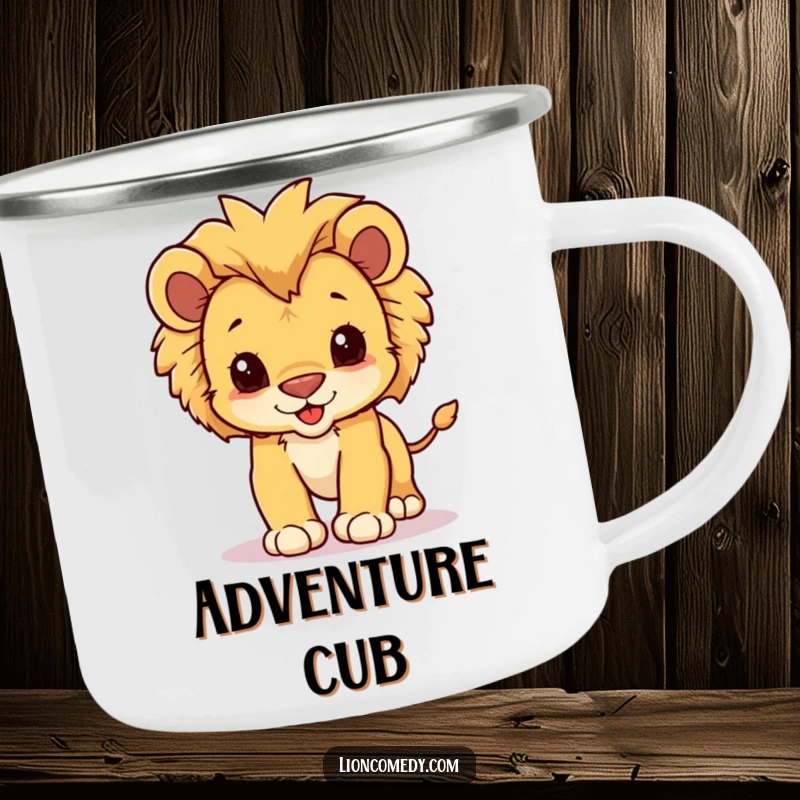 Funny camping mug featuring a kawaii lion cub with a fluffy mane, playfully pouncing, ideal for outdoor adventures.