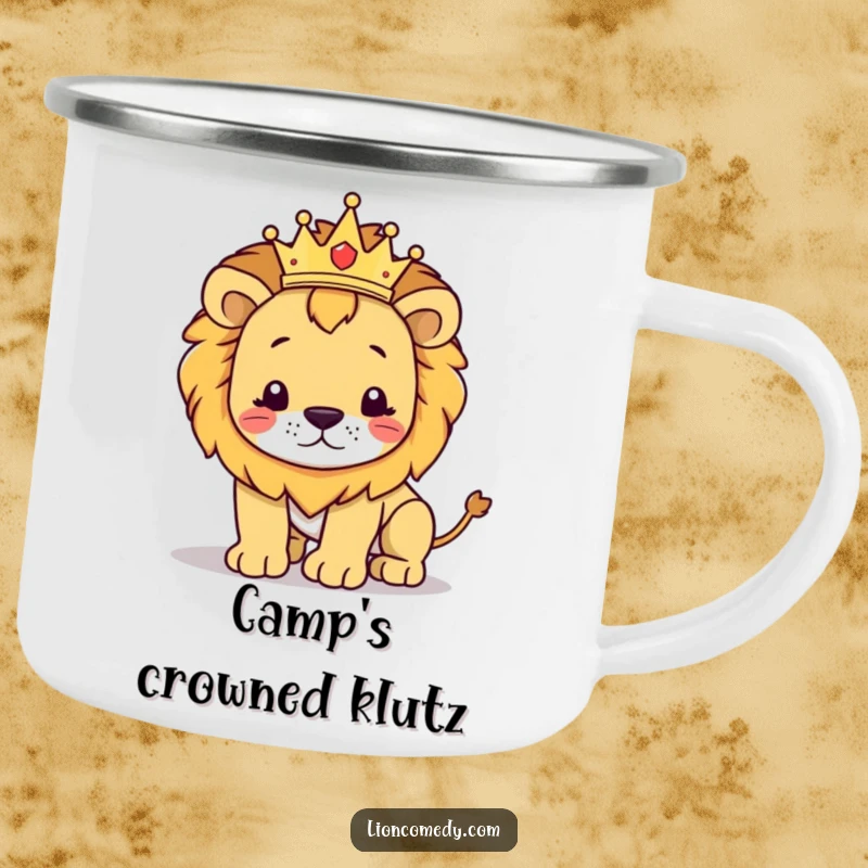 Funny kawaii lion camping mug depicting a crowned lion in a regal pose, humorously stumbling during outdoor adventures.