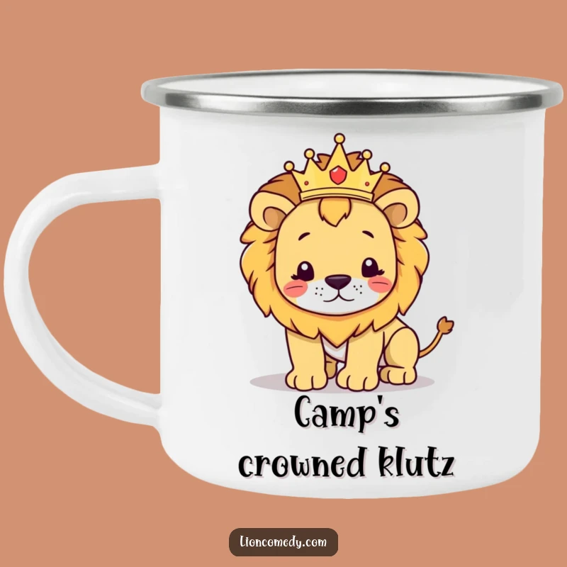 Funny Regal Lion Stumbling Camping Mug: Crowned Cub Outdoor Humor, Great Gift