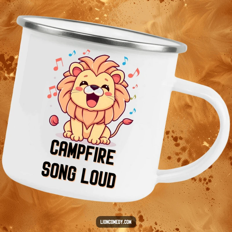 Funny camping mug featuring a kawaii lion roaring happily, surrounded by musical notes, perfect for outdoor music enjoyment.