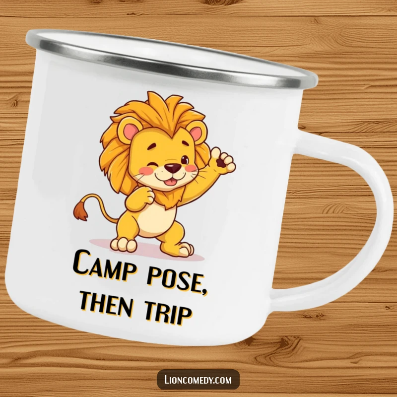 Funny kawaii lion camping mug with a cute lion striking a dramatic pose, then humorously tripping during outdoor adventures.