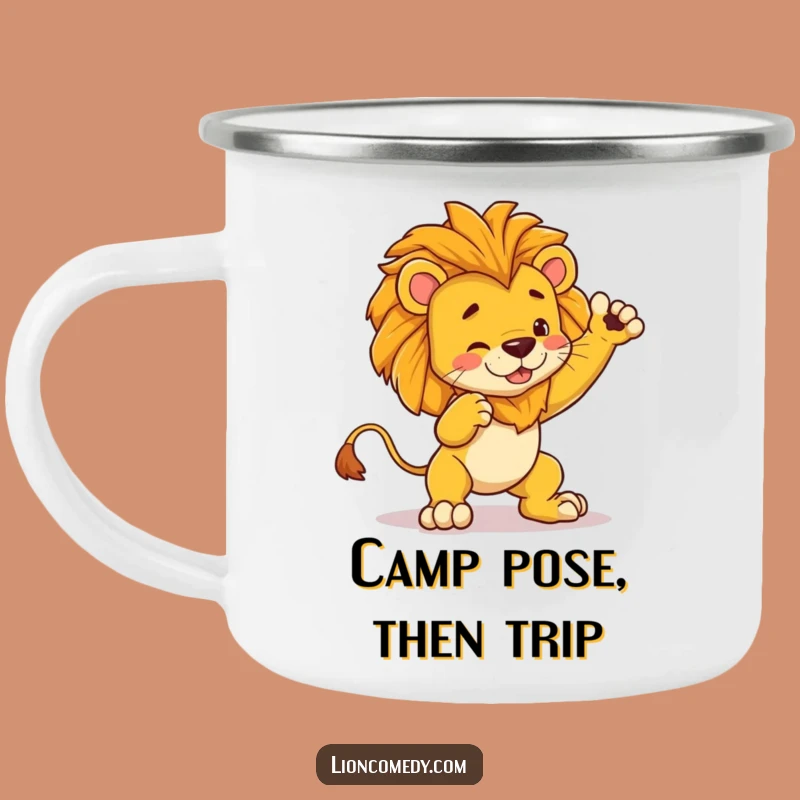Funny Dramatic Lion Tripping Camping Mug: Pose Fail Outdoor Humor, Great Gift