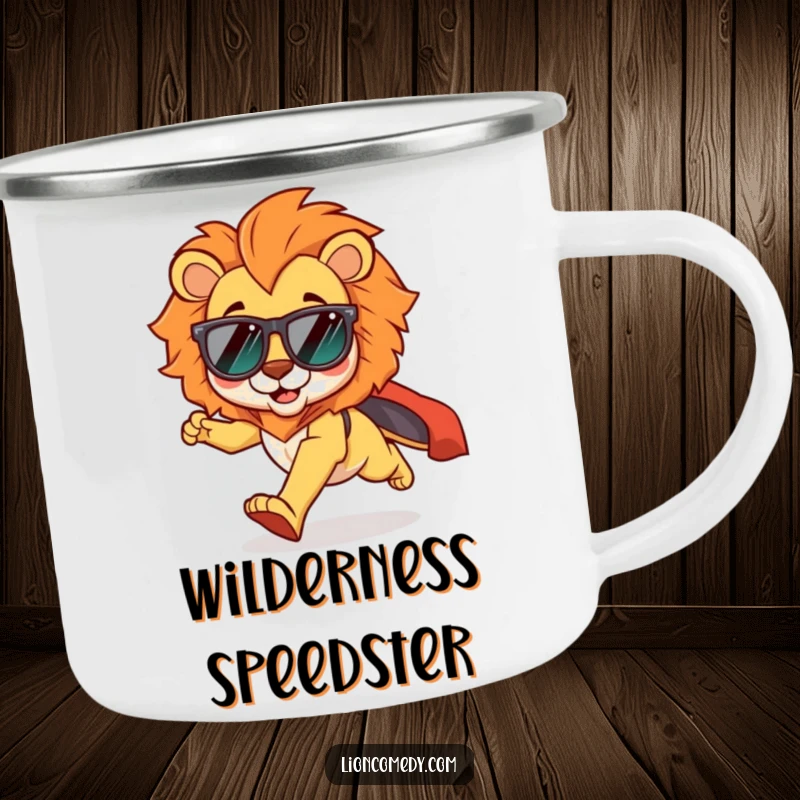Funny kawaii lion camping mug with a cool lion in shades, running with a cape flowing, perfect for adventurous types.