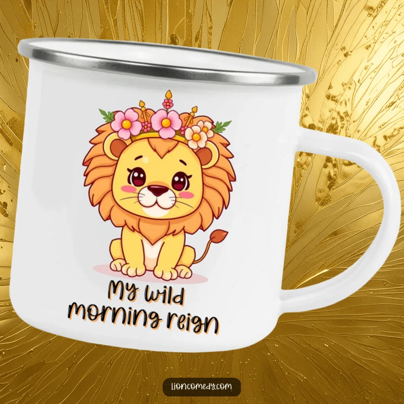 Funny Kawaii Lion Camping Mug, showcasing a proud lion with a flower crown, designed for outdoor adventures and bringing majestic smiles.