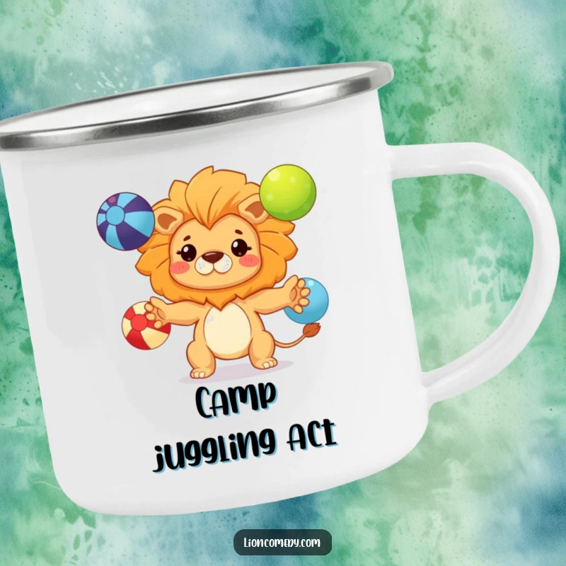 Funny kawaii lion camping mug with a determined cub juggling three colorful balls, perfect for outdoor focus and fun.