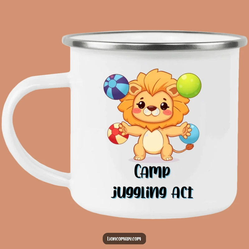 Funny Kawaii Lion Juggling Camping Mug: Determined Cub Outdoor Skill, Great Gift