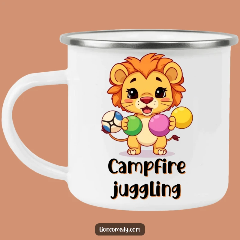 Enjoy your camp coffee with focus and a smile using this funny camping mug featuring a determined kawaii lion juggling!