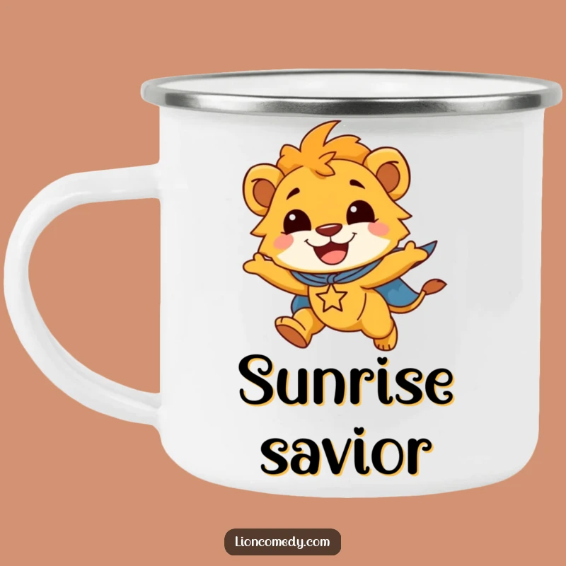 Fuel your adventures with heroic spirit using this funny camping mug! The flying lion cub is ready for the great outdoors.