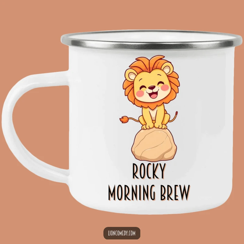 Enjoy your campfire brew with this funny lion balancing camping mug. The joyful lion is ready for any adventure!