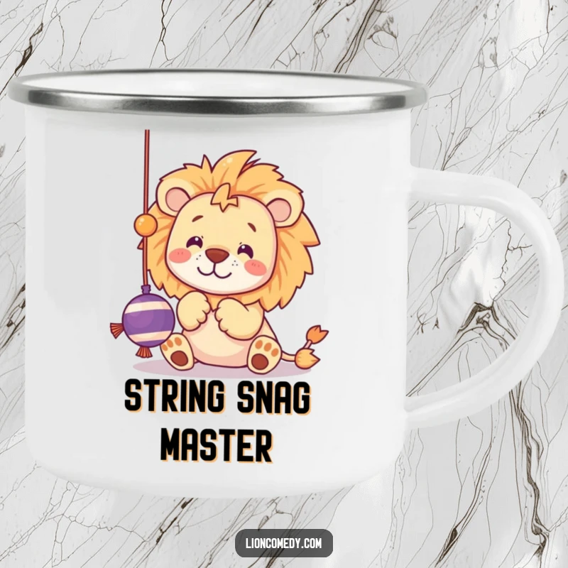 Funny camping mug featuring a kawaii lion batting at a dangling string toy with playful paws, ideal for outdoor fun.