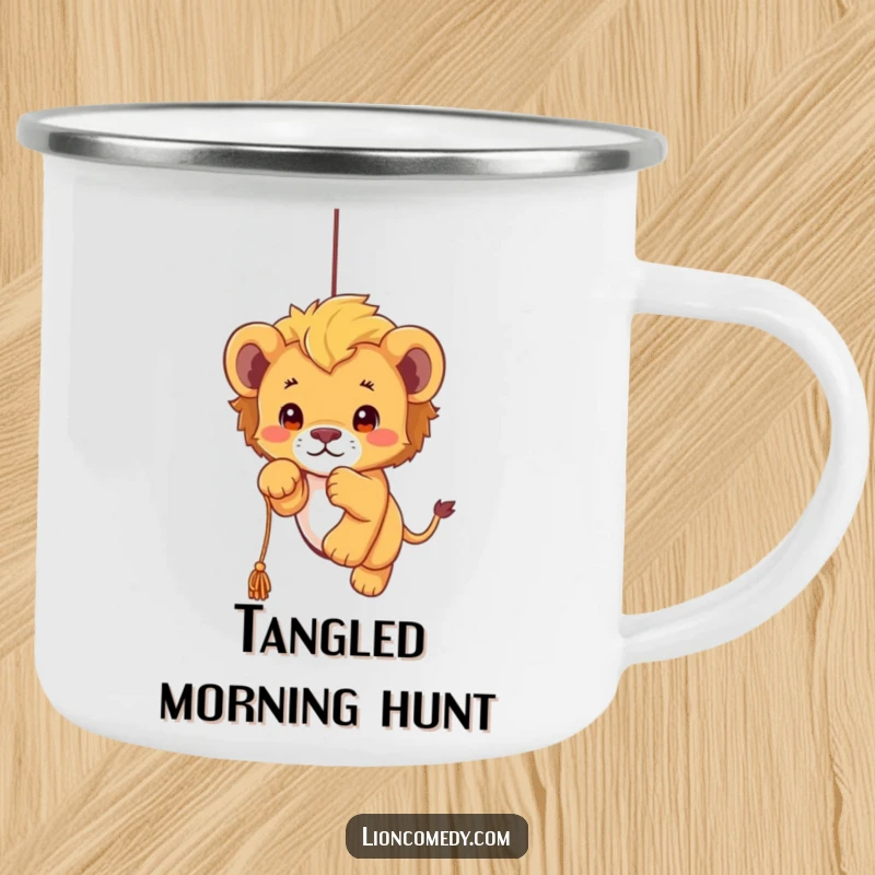 Funny kawaii lion cub camping mug showing a playful cub pouncing, ready for adventure and hot beverages in the great outdoors.