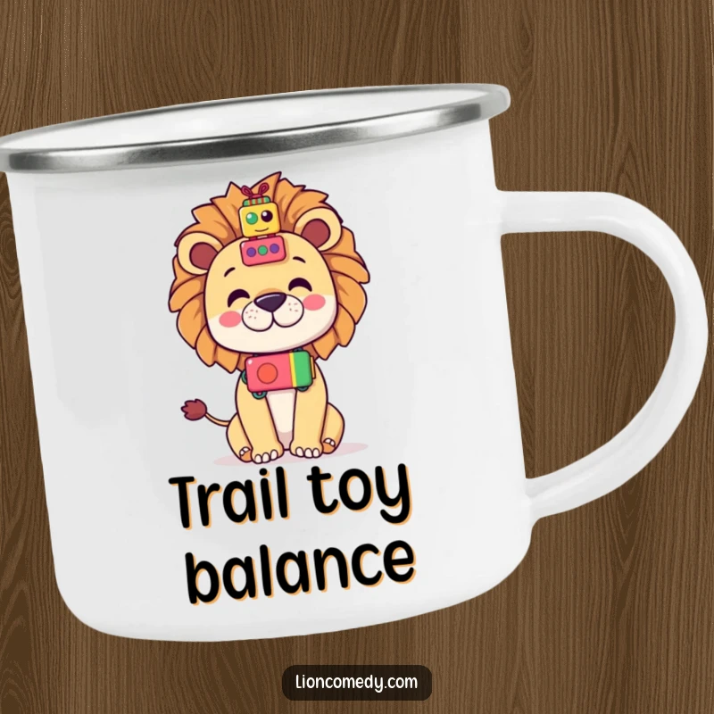 Funny Kawaii Lion Camping Mug: A cute lion balancing toys on its nose, durable and humorous for camping.