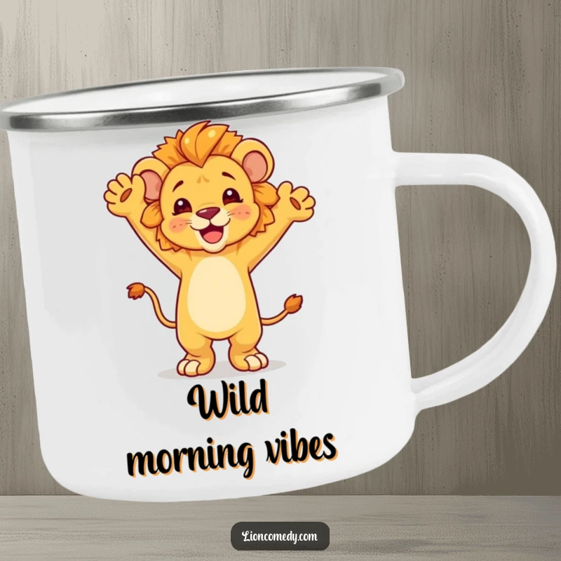 Funny dancing lion cub camping mug, arms up in a joyful dance, durable and portable for outdoor celebrations, perfect companion.