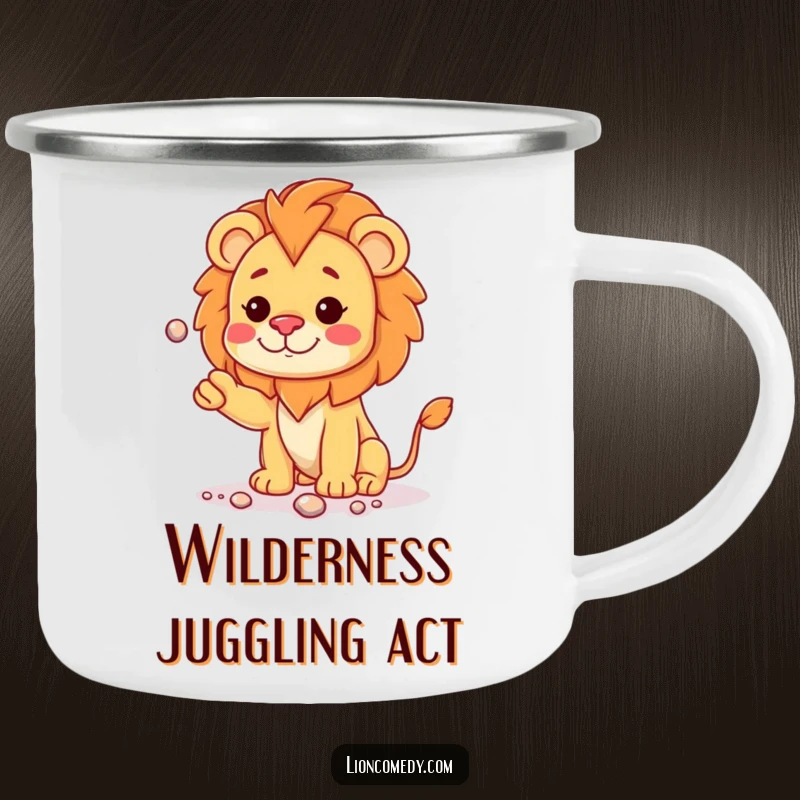 Funny kawaii lion cub with a curious head tilt, juggling shiny pebbles, on a durable camping mug for outdoor fun.