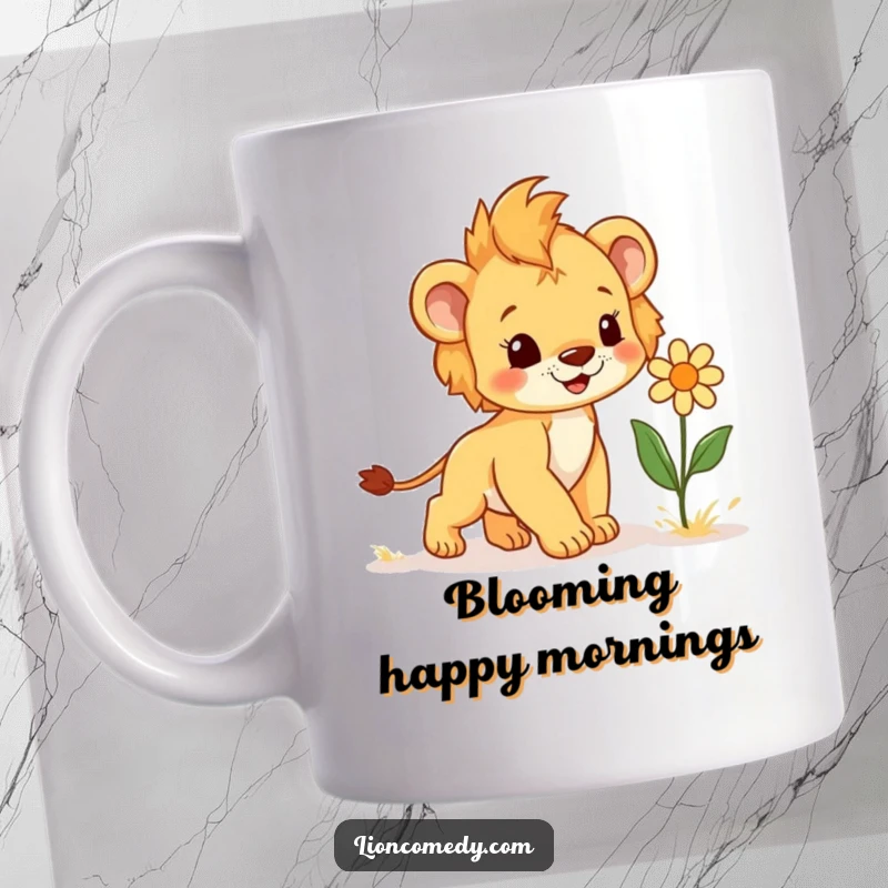 Funny Mug depicting a happy lion cub with a spring in its step, joyfully approaching a giggling flower, embodying pure delight.