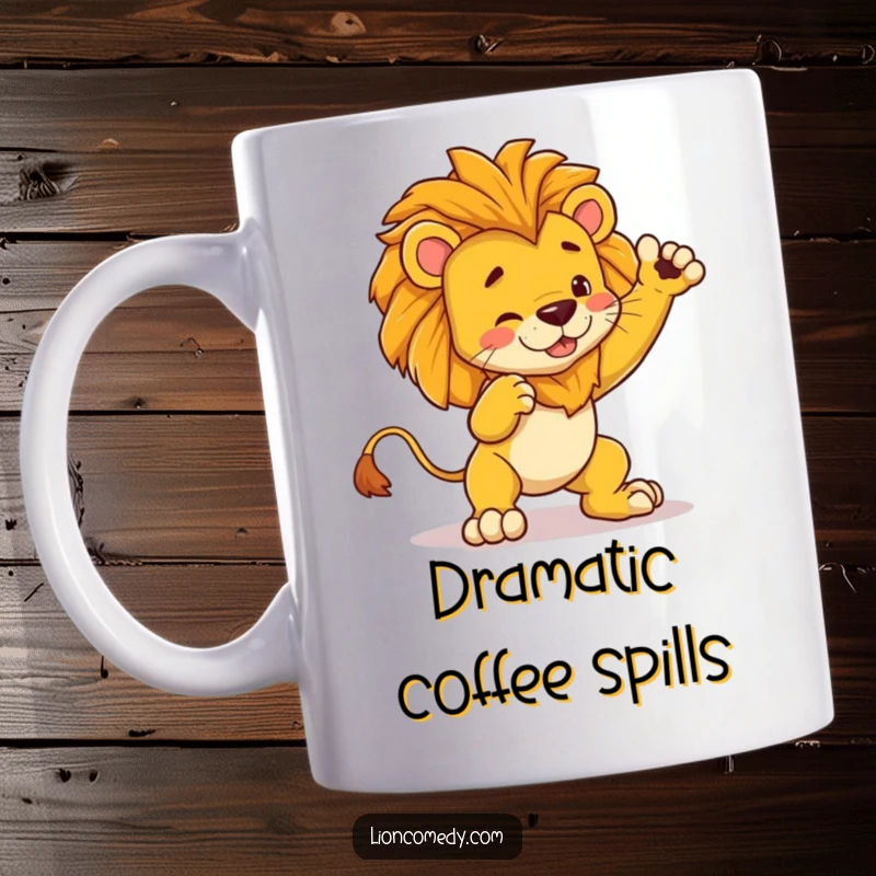 Funny kawaii lion mug showing a cute lion striking a dramatic pose, then hilariously tripping over its own feet.