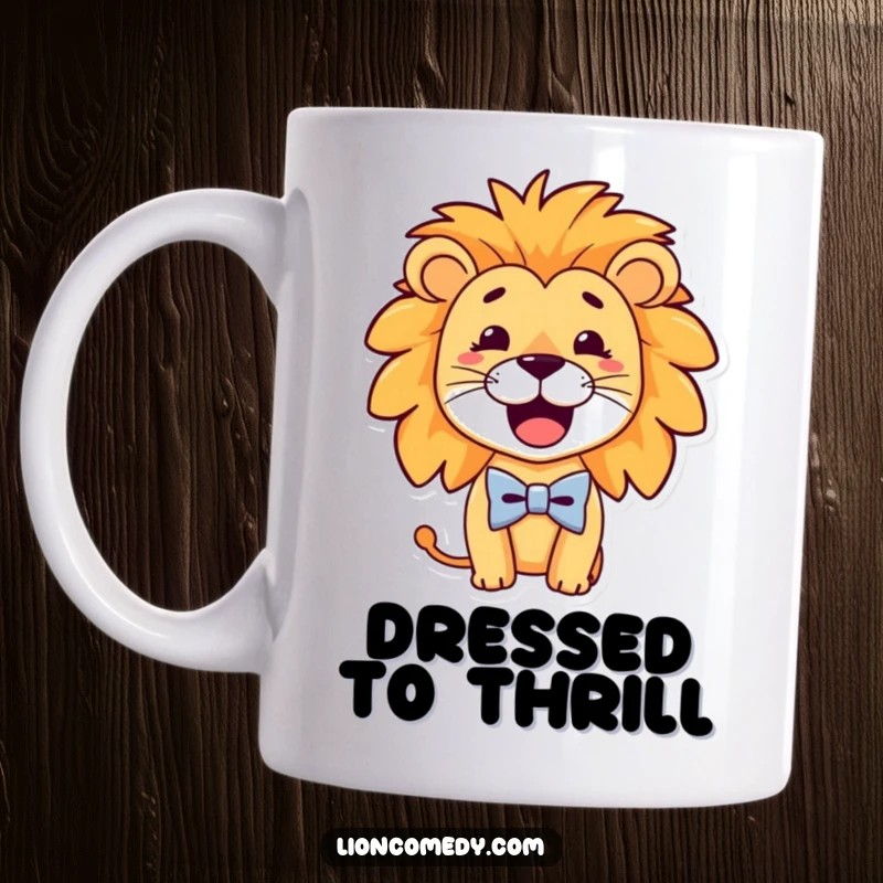Funny Mug featuring a dapper lion with a wide, goofy smile wearing a tiny, stylish bow tie, exuding playful charm.