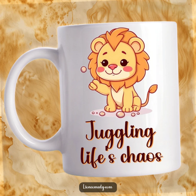 Funny kawaii lion cub with a curious head tilt, juggling shiny pebbles with focus, depicted on a whimsical mug.
