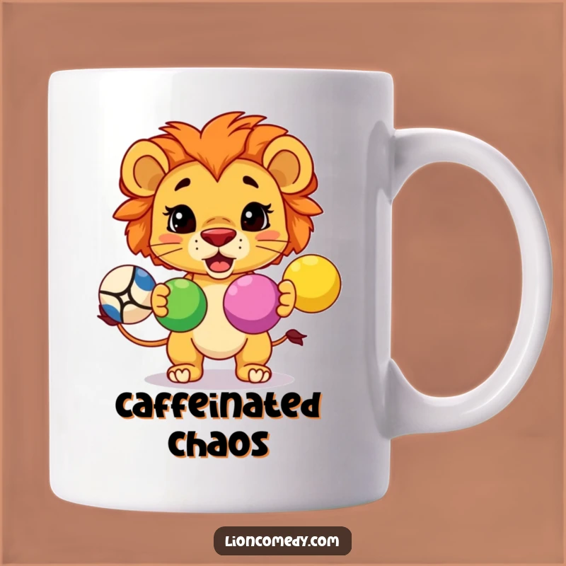 Showcase your dedication (or just your love for cute lions!) with this funny mug featuring a determined kawaii lion mastering the art of juggling.
