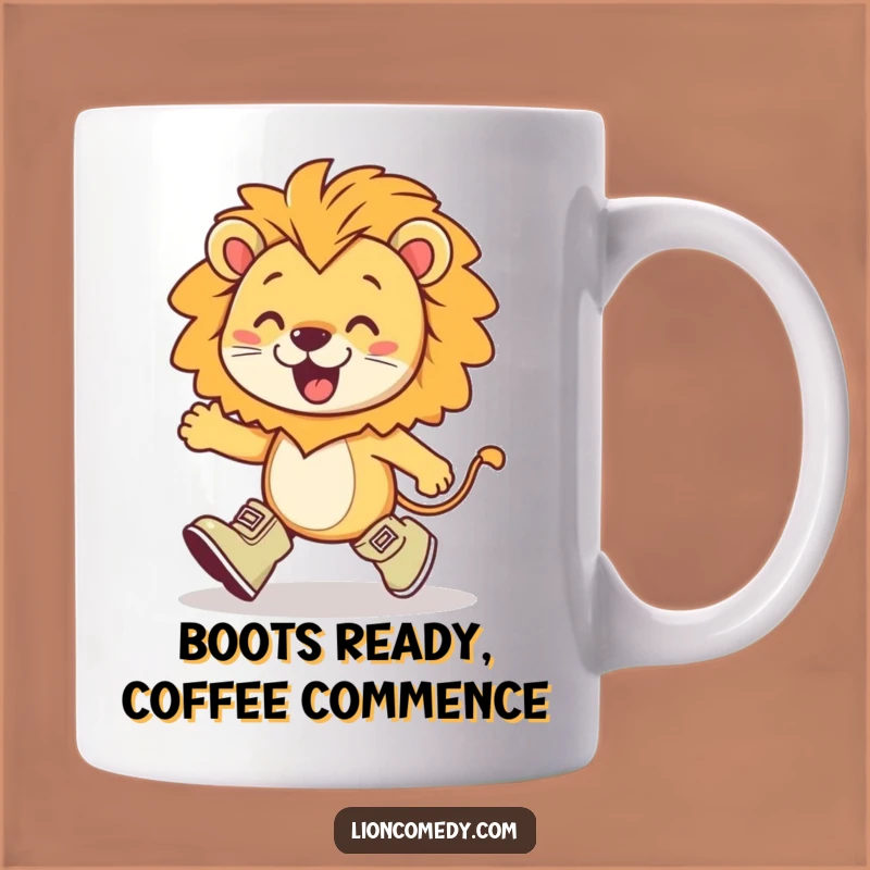 Funny Kawaii Lion Marching Mug: Tiny Boots, Enthusiastic Joy, Gift