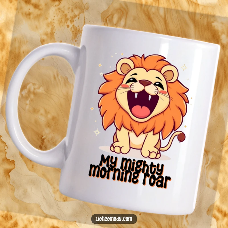 Funny kawaii lion roaring with exaggerated joy, sparkling background, celebrating life with a powerful, happy roar on a mug.