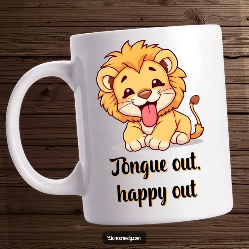 Funny Mug featuring a happy lion cub adorably tumbling with its tongue sticking out, radiating pure, infectious childlike joy.