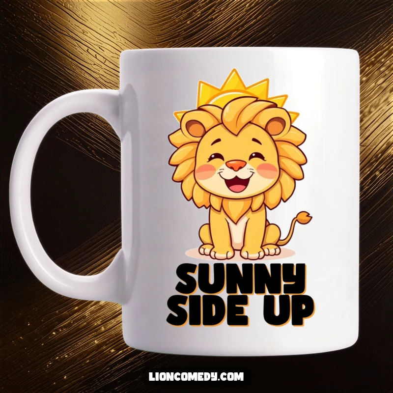 Funny mug showcasing a happy lion with a bright yellow sun perfectly balanced on its nose, radiating joy.
