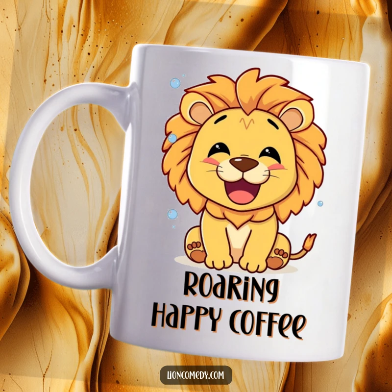 Funny Smiling Lion Mug, roaring a happy sound that creates tiny, effervescent bubbles, conveying pure delight.