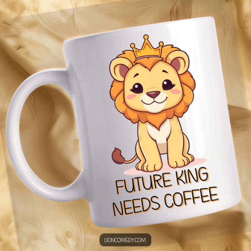 Funny mug showing a proud lion cub standing tall and wearing a small crown, exuding youthful regality.