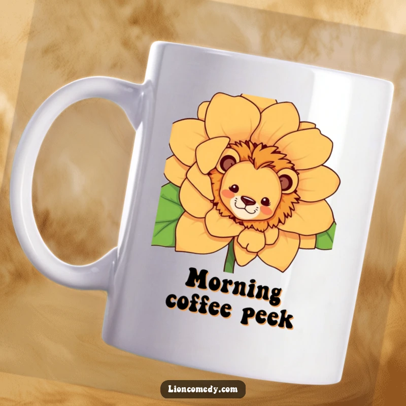 Funny curious lion mug, peeking playfully from behind a large, vibrant flower, conveying mischief and wonder.