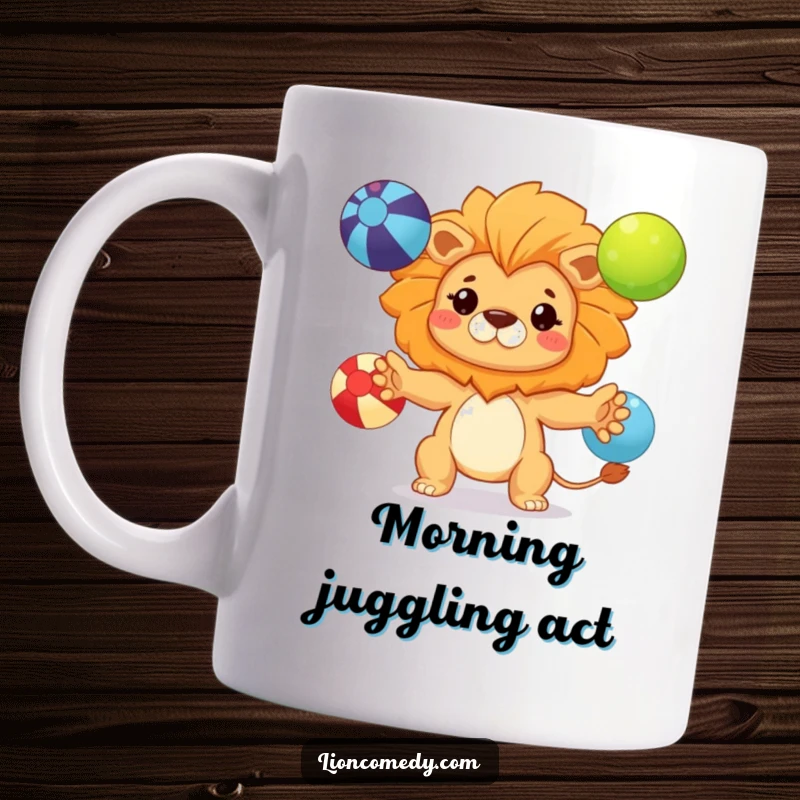 Funny kawaii lion mug featuring a cute lion with a determined expression, expertly juggling three colorful balls mid-air.