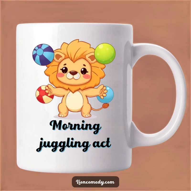 Funny Kawaii Lion Juggling Mug: Determined Cub Cartoon Gift for Skillful Fun