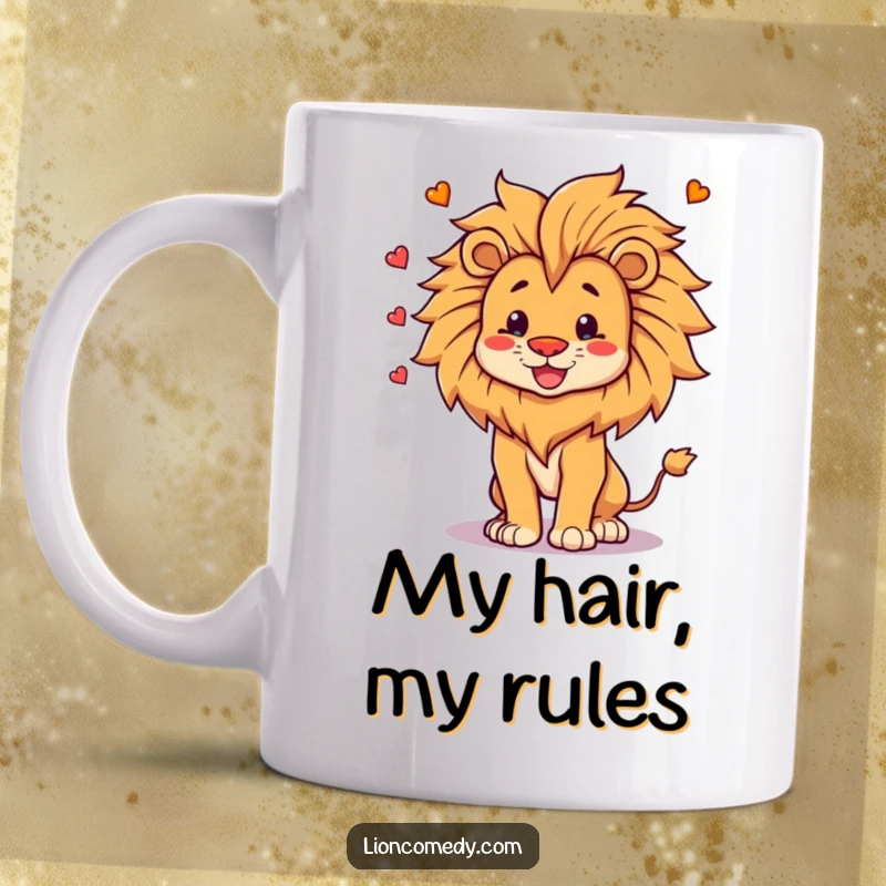 Funny Mug featuring a proud lion happily juggling its own majestic mane with a joyful stance, conveying confidence and humor.