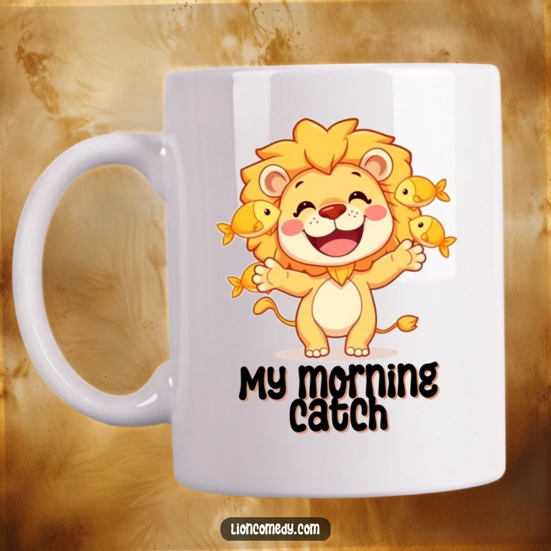 Funny mug featuring a happy lion character with a huge grin, skillfully juggling three shiny golden fish with pure delight and comedic flair.