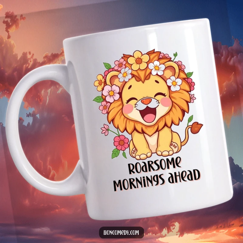 Funny kawaii lion cub with a mane full of colorful flowers, roaring happily, depicted on a delightful mug.